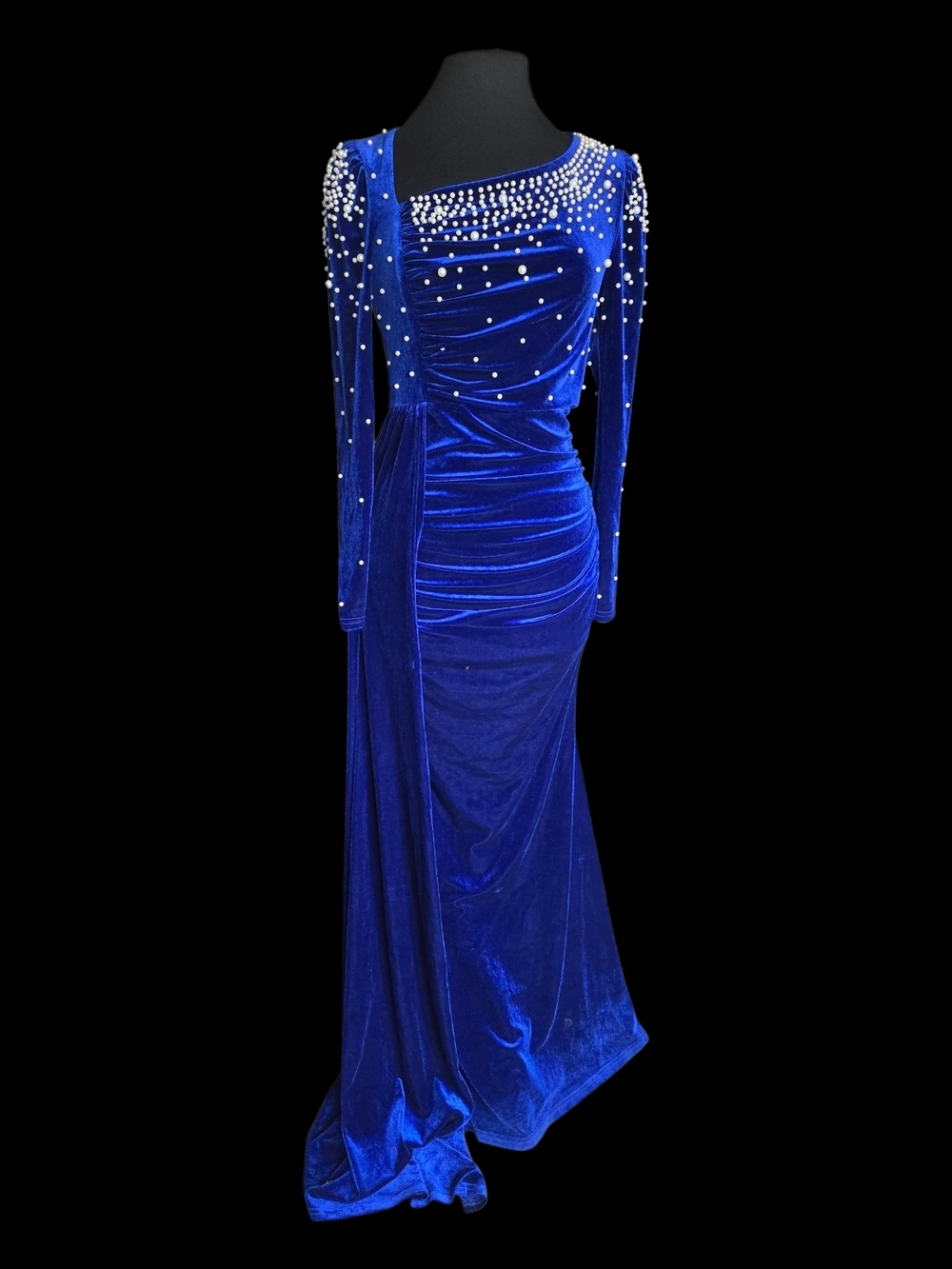 Luxurious Colbalt Blue Velvet Long-Sleeve Evening Gown with Pearl Accents Sz S